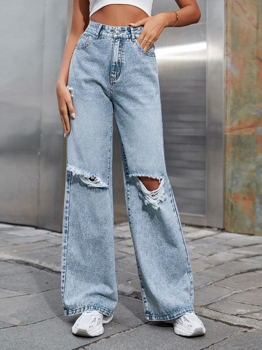 Distressed Wide Leg Jeans with Pockets - Tippy Jean