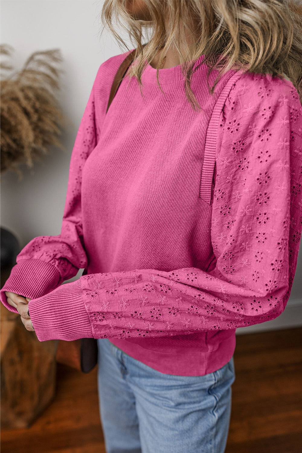 Eyelet Round Neck Long Sleeve Sweatshirt - Tippy Jean