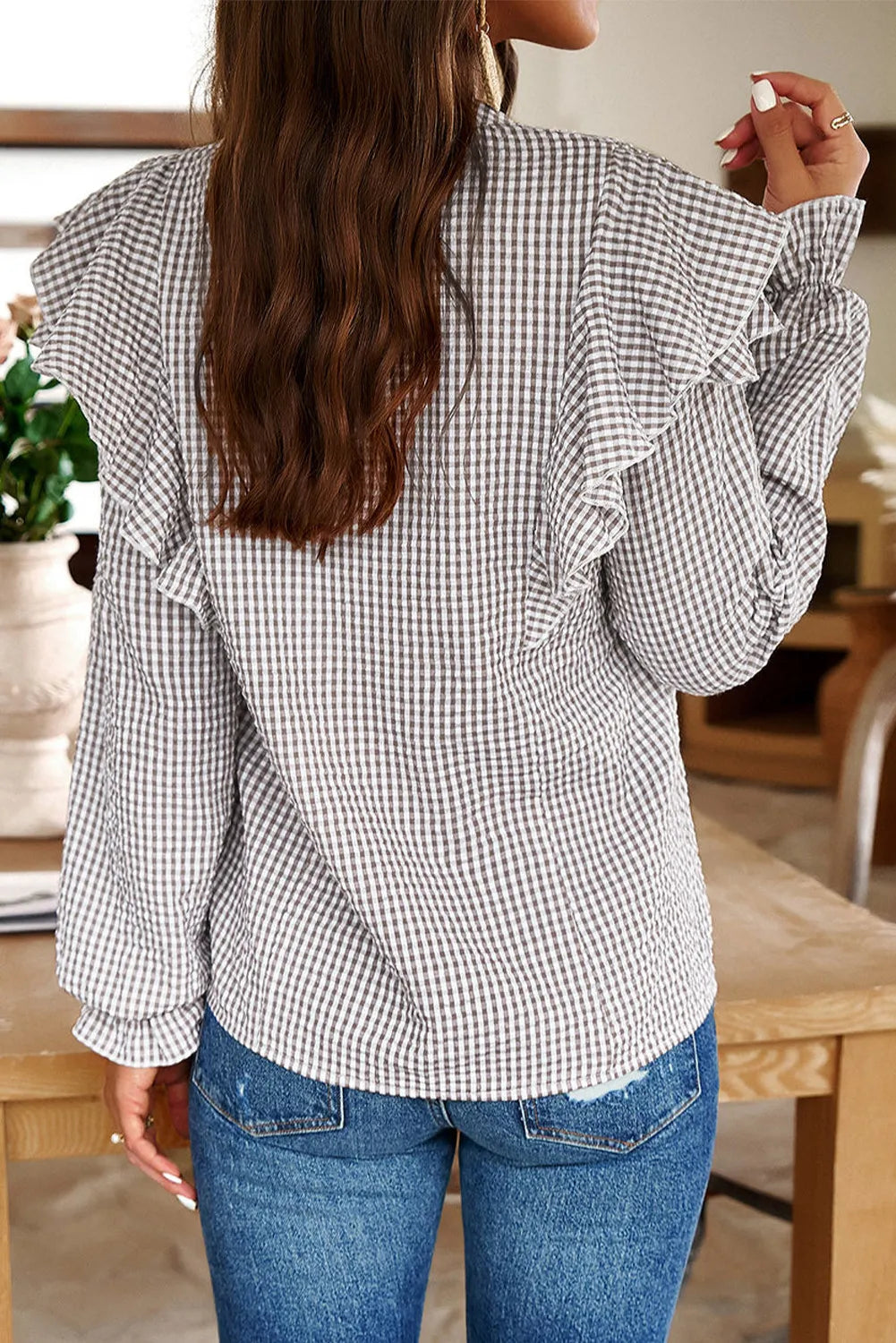 Ruffled Plaid Notched Flounce Sleeve Shirt - Tippy Jean