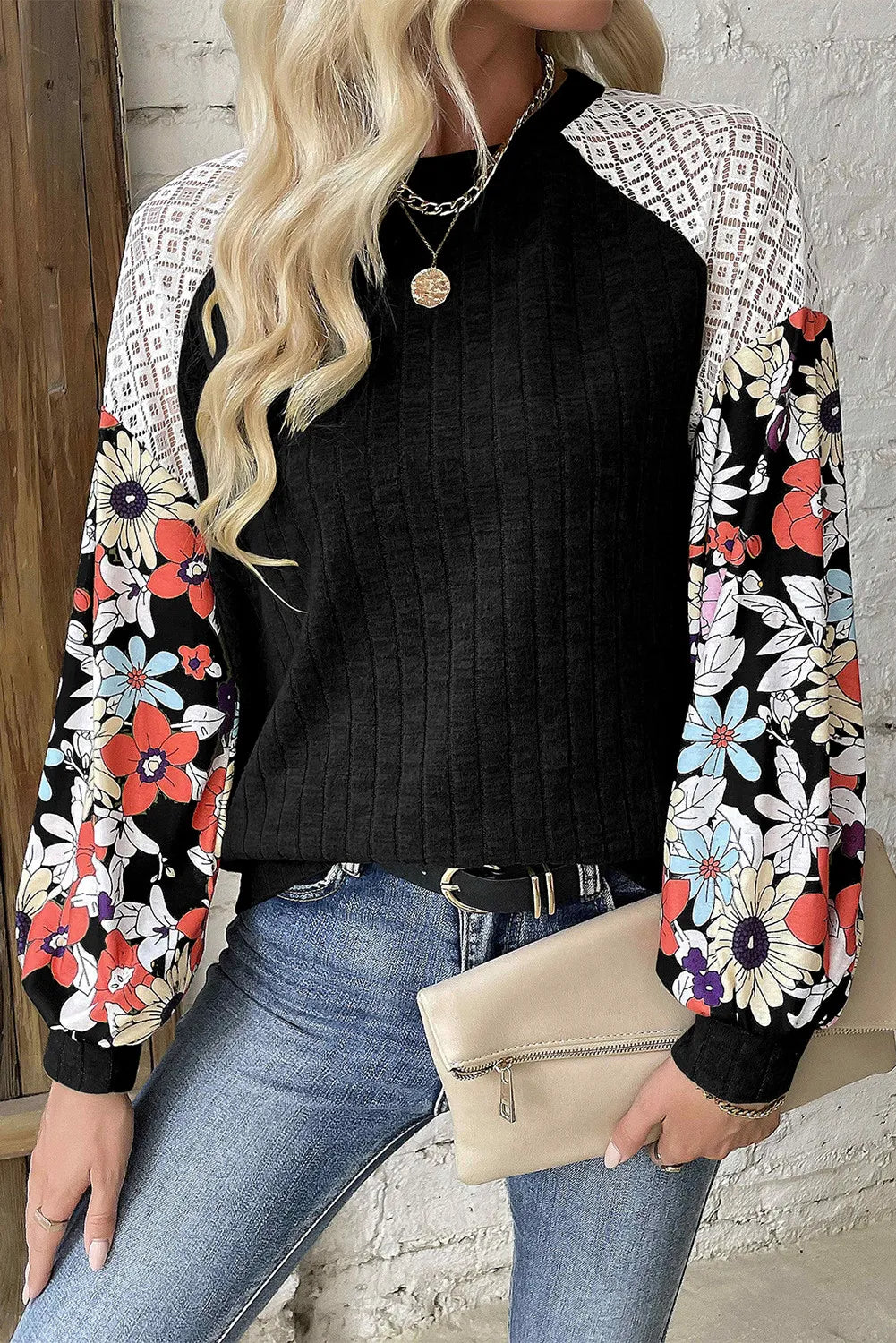 Printed Round Neck Long Sleeve Top - Tippy Jean