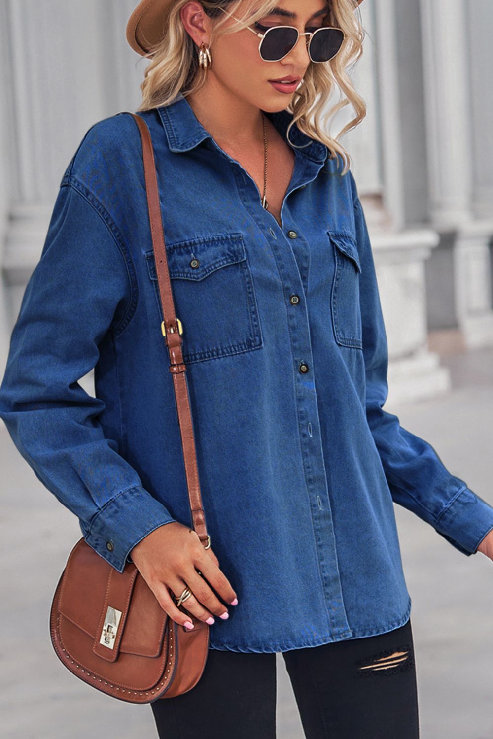 Collared Neck Dropped Shoulder Denim Top - Tippy Jean