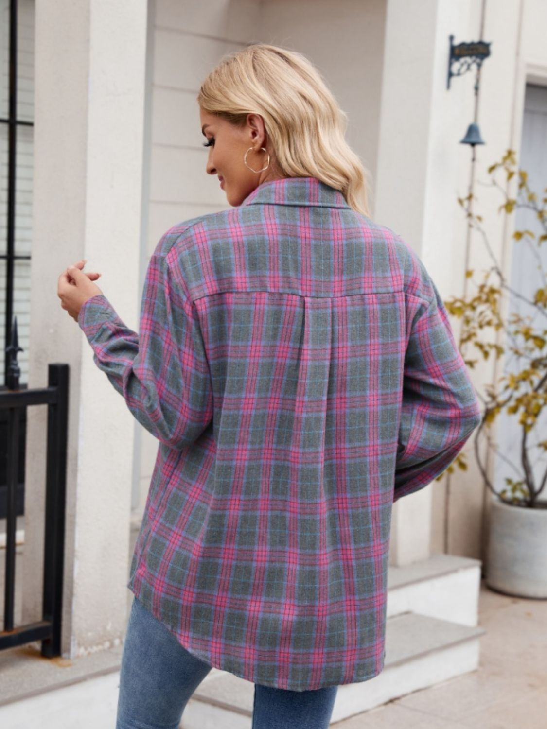 Mandy Pocketed Plaid Collared Neck Long Sleeve Shirt - Tippy Jean