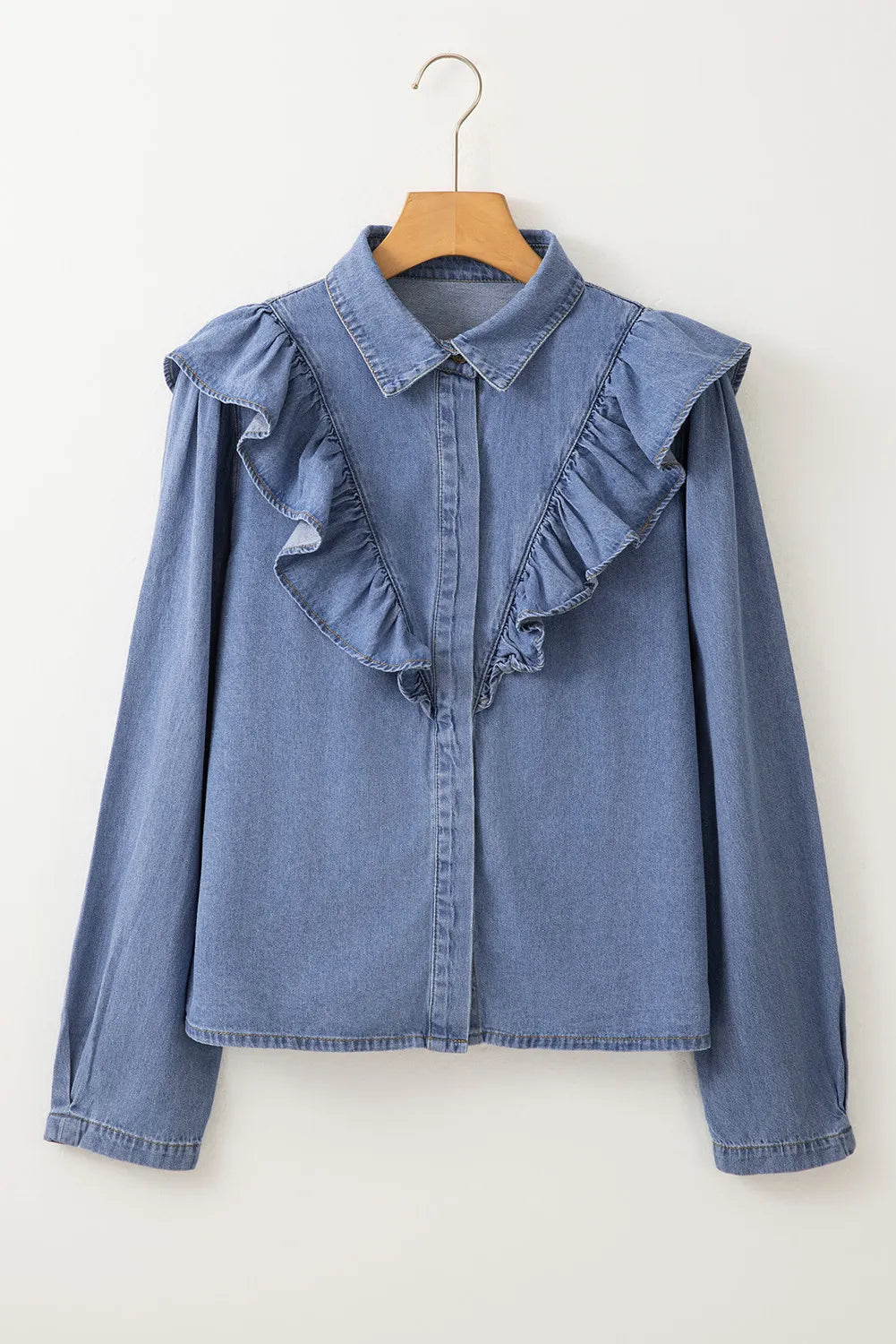 Ruffled Round Neck Long Sleeve Denim Top - Tippy Jean