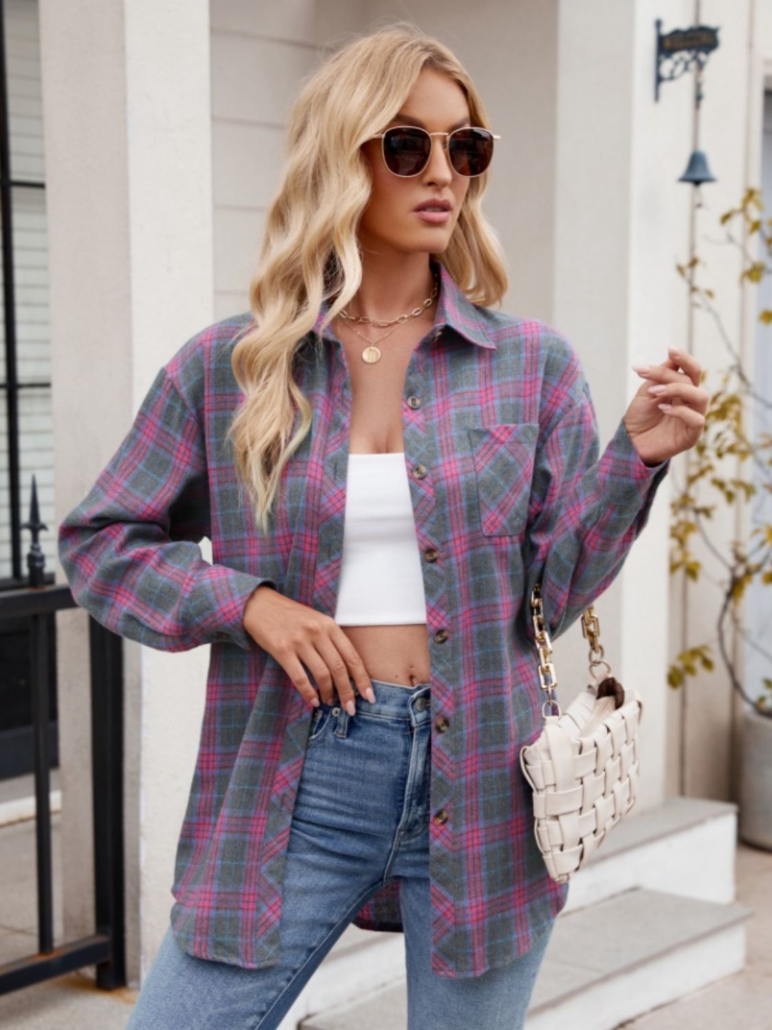 Mandy Pocketed Plaid Collared Neck Long Sleeve Shirt - Tippy Jean