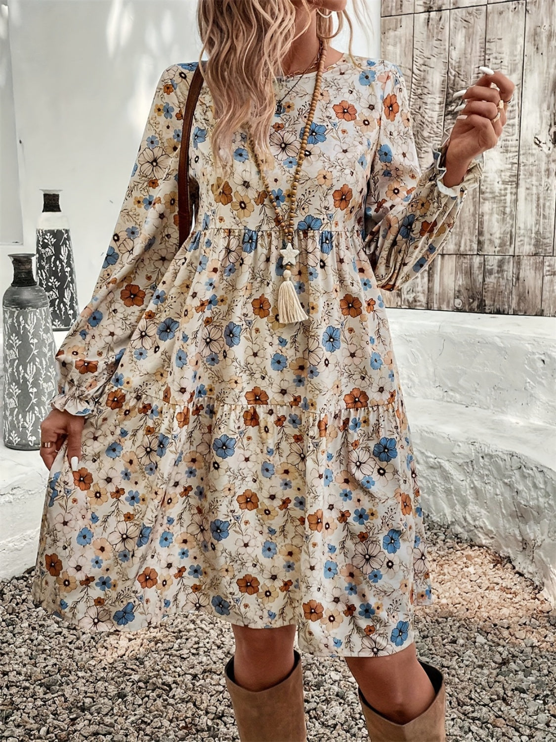 Ruffled Printed Round Neck Long Sleeve Dress - Tippy Jean