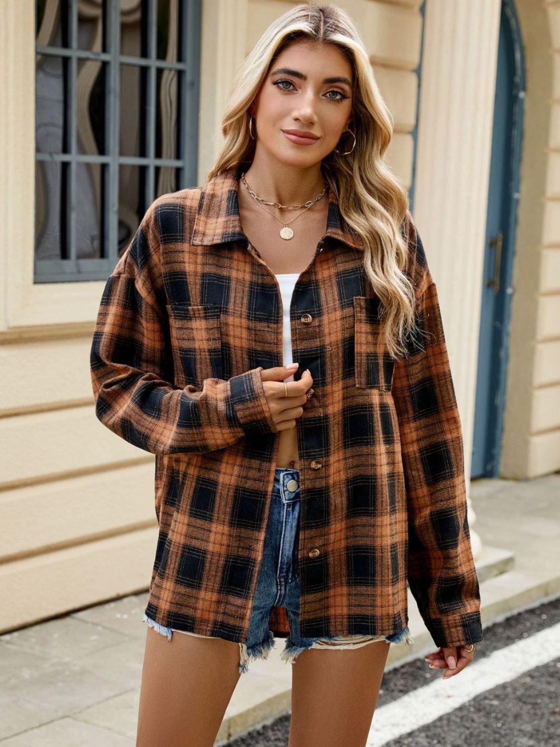 Plaid Collared Neck Long Sleeve Shirt - Tippy Jean