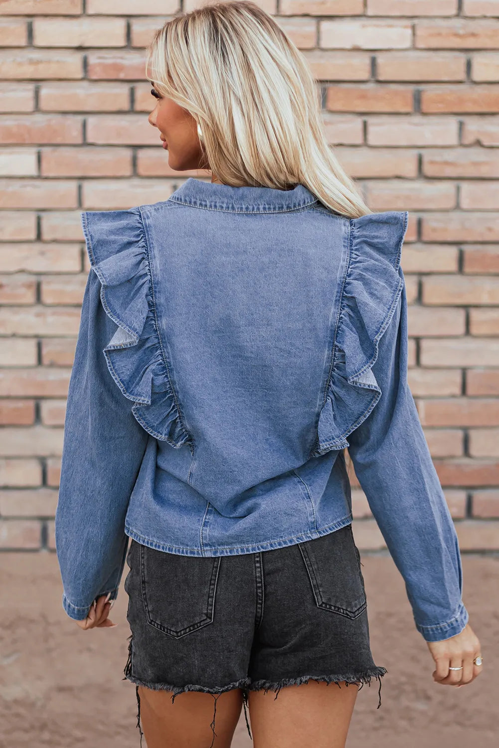 Ruffled Round Neck Long Sleeve Denim Top - Tippy Jean