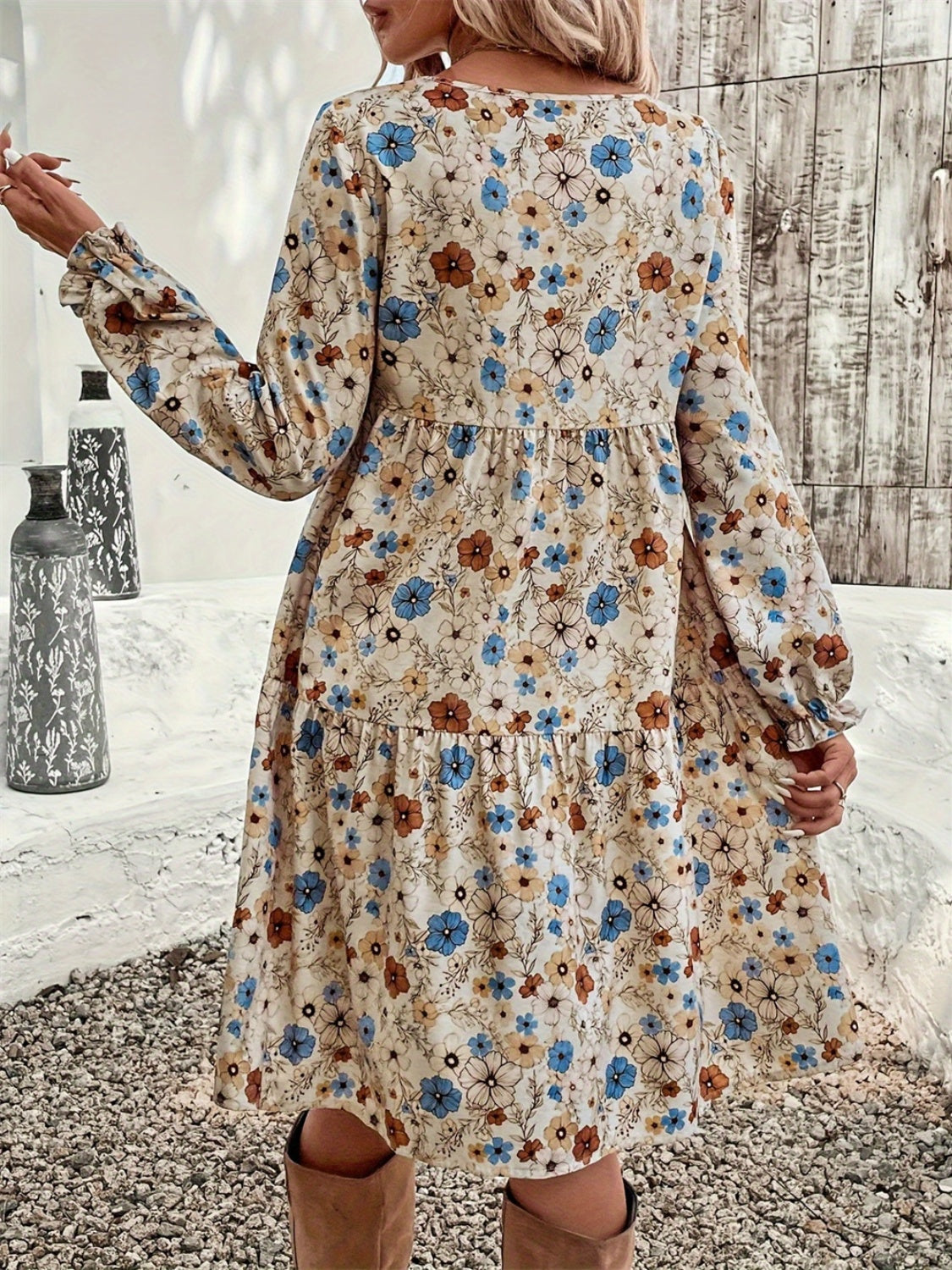 Ruffled Printed Round Neck Long Sleeve Dress - Tippy Jean