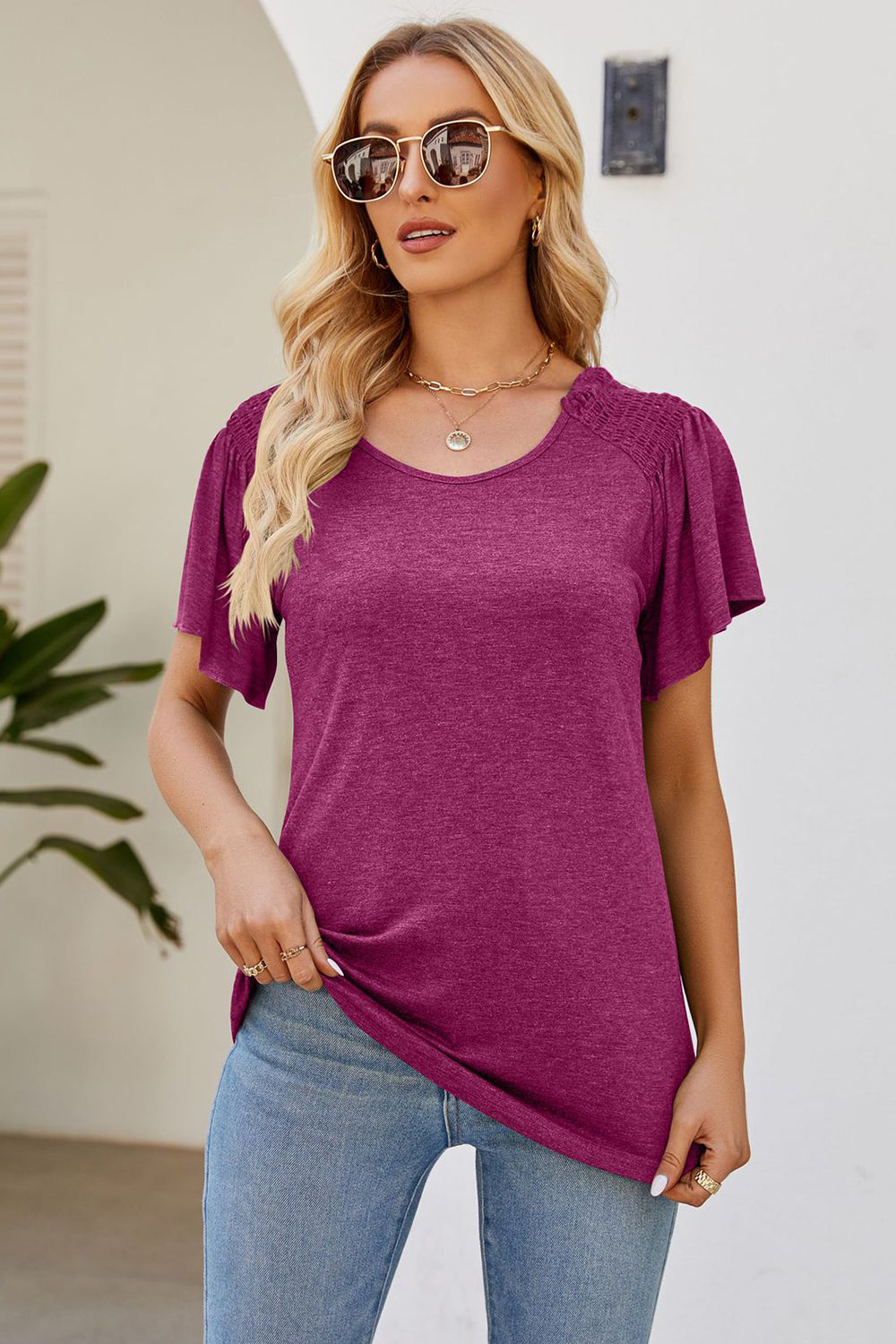 Smocked Round Neck Flutter Sleeve T-Shirt - Tippy Jean