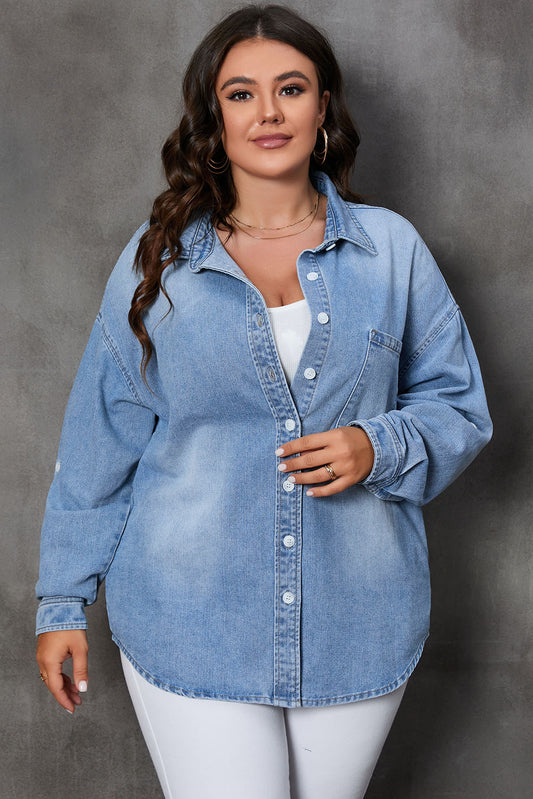 Plus Size Button Up Pocketed Denim Top - Tippy Jean