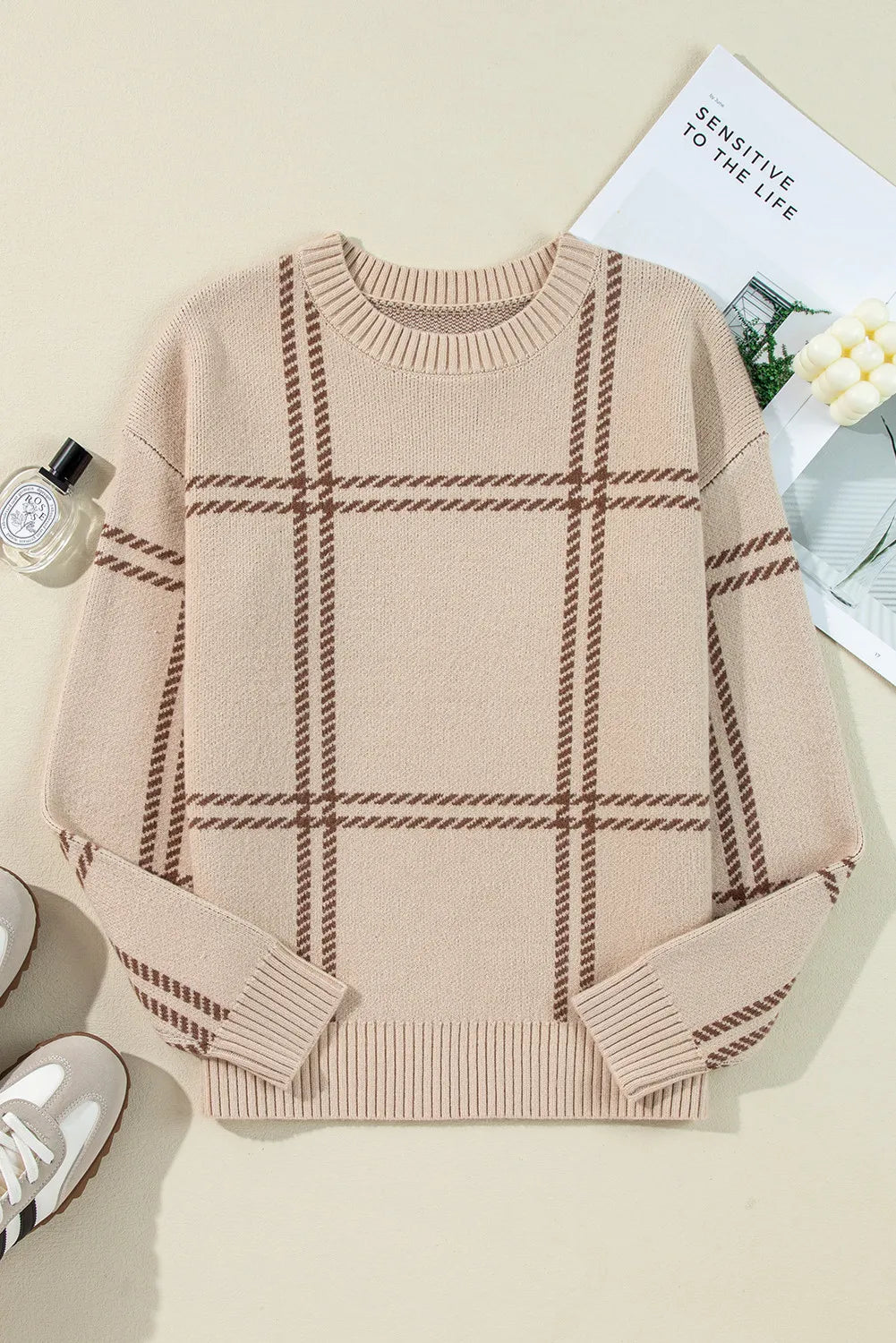 Plaid Round Neck Dropped Shoulder Sweater