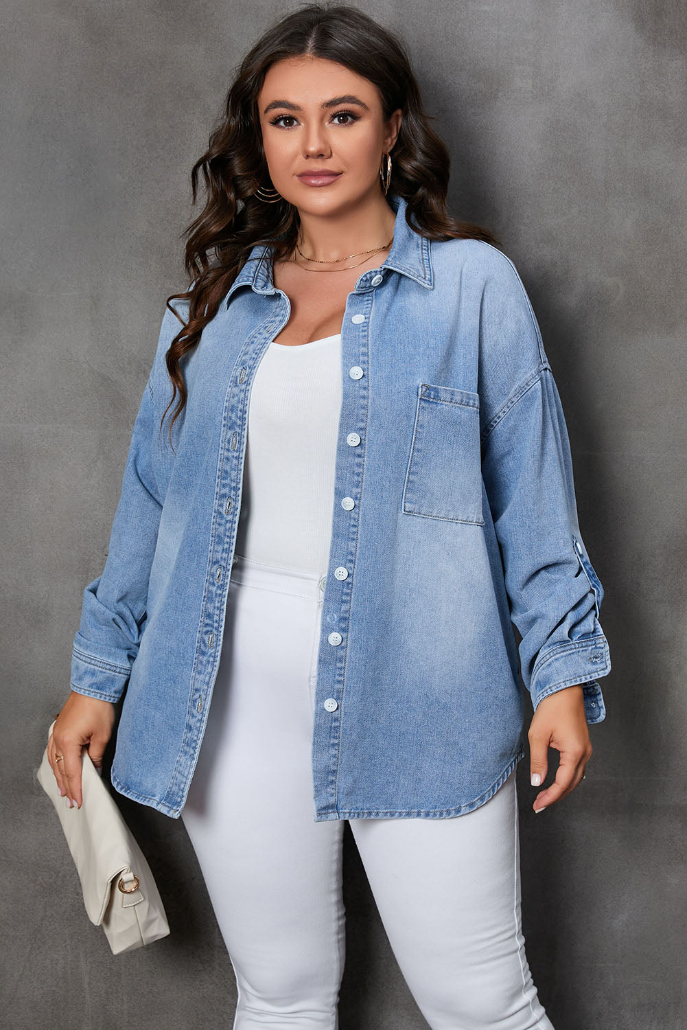 Plus Size Button Up Pocketed Denim Top - Tippy Jean