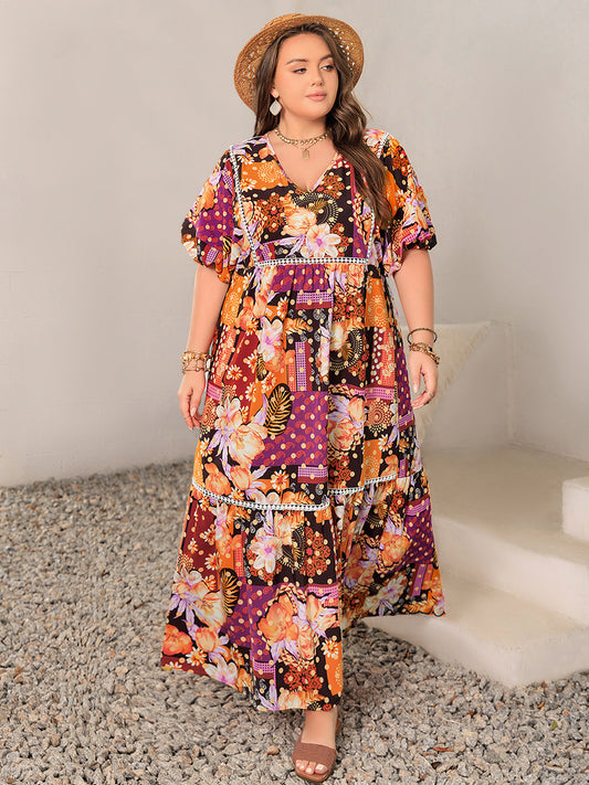 Plus Size Printed V-Neck Half Sleeve Maxi Dress - Tippy Jean