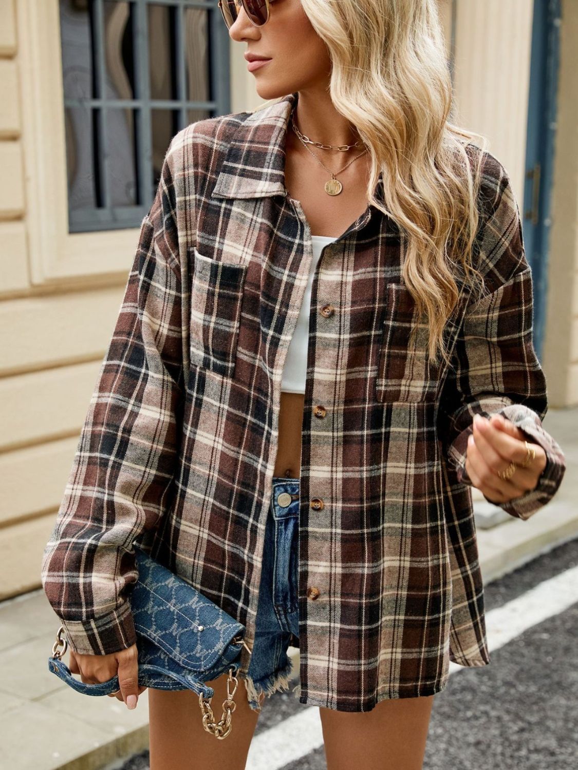 Plaid Collared Neck Long Sleeve Shirt - Tippy Jean