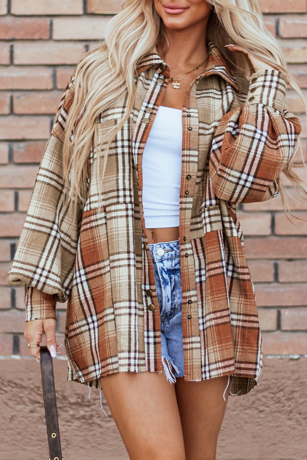 Plaid Snap Down Dropped Shoulder Shacket - Tippy Jean